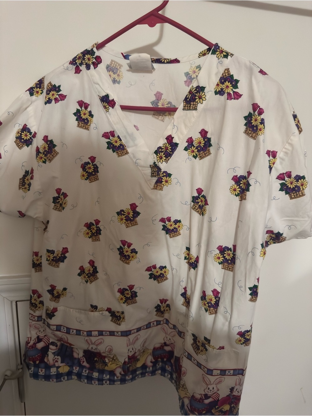 Knot Us White Floral & Bunny Print V-Neck Scrub top